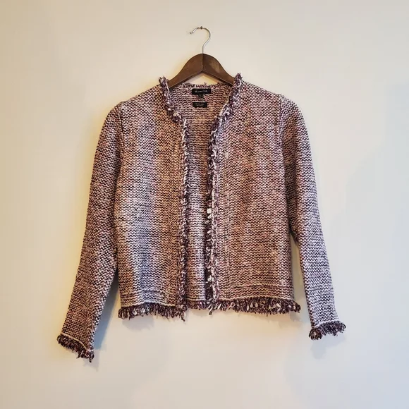 MASSIMO DUTTI |  Purple Tweed Frayed Hem Open Italian Yarn Blazer (Size S) - Picture 3 of 14